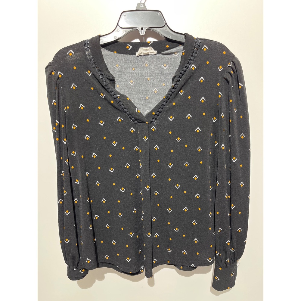 The Workshop Black Geometric Diamond Print V-Neck Puff Sleeve Blouse Small